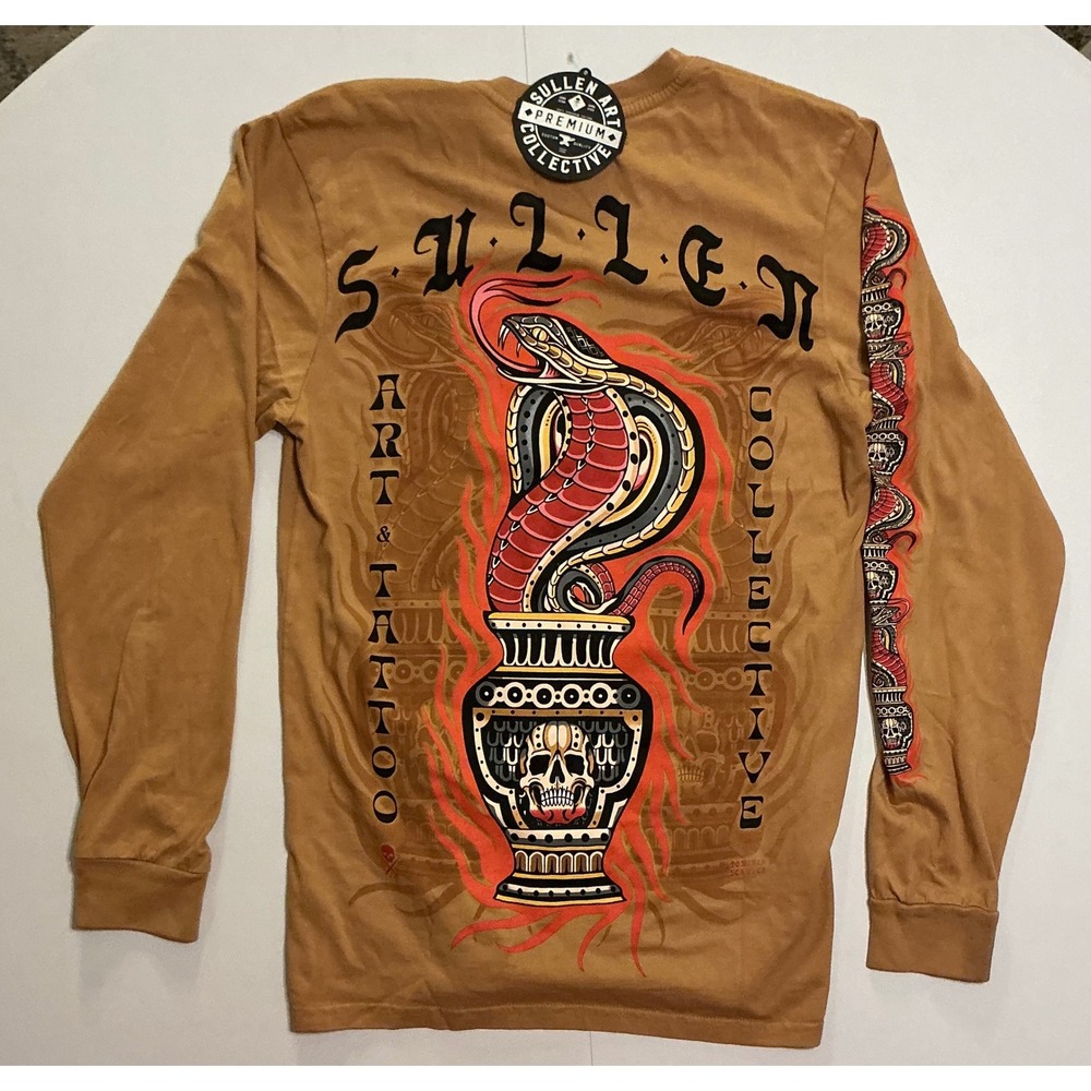 Y2K Sullen Art Collective Skull Tattoo Cobra‎ Long Sleeve T-Shirt Tan Men S NWT